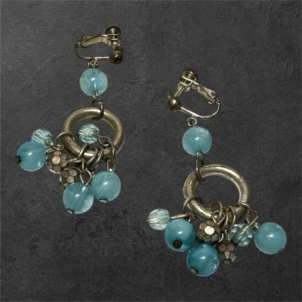 Vintage‎ Blue Bead Dangle Clip Earrings Boho Silver Tone Acrylic Cluster